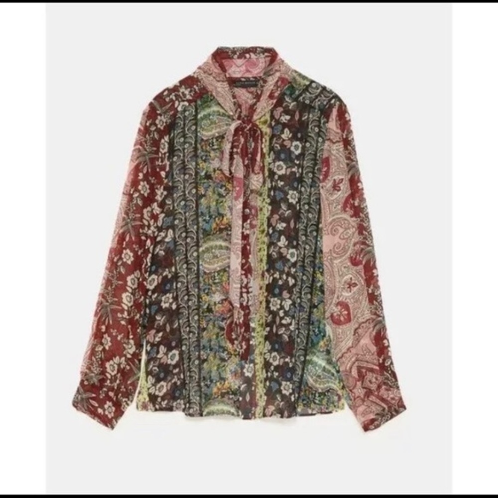 Zara Patchwork Printed Bow Neck Chiffon Long Slee… - image 2